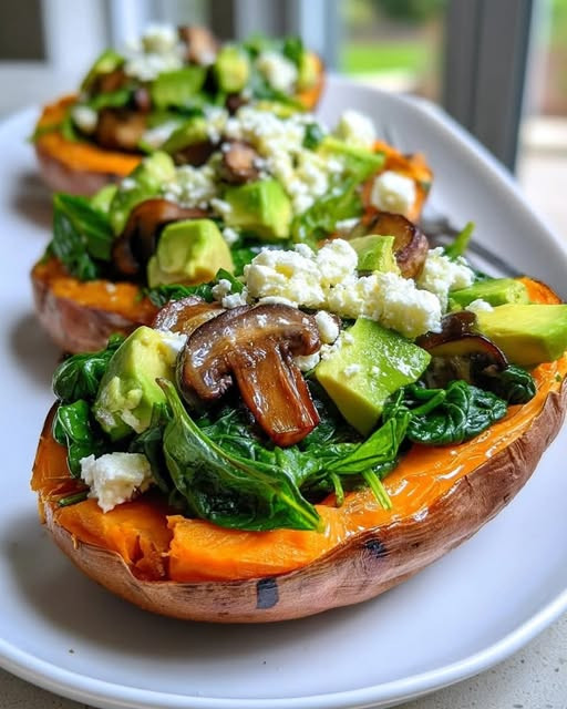 Stuffed Sweet Potatoes with Spinach, Avocado, Mushroom & Feta