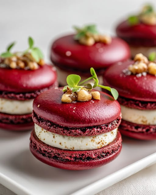 Savory Beet Macarons with Whipped Goat Cheese & Walnut Crunch