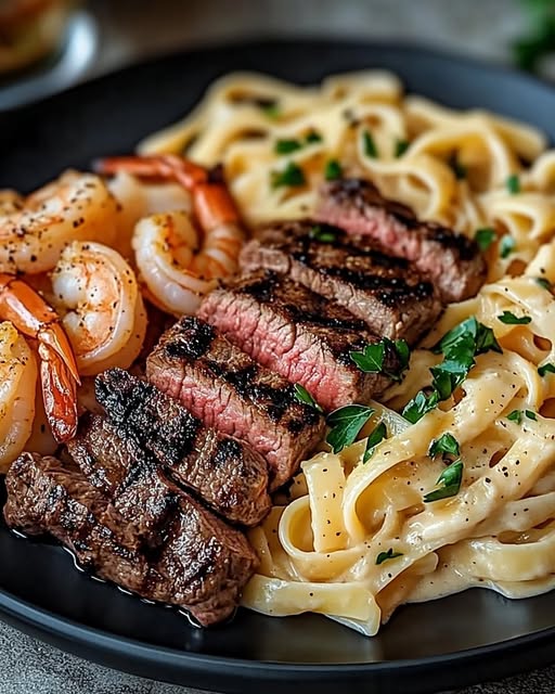 Spicy Shrimp and Steak Alfredo Delight