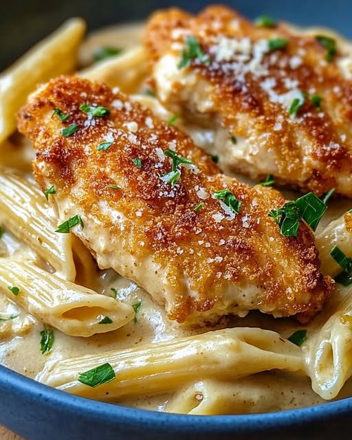 Crispy Parmesan-Crusted Chicken Penne with Creamy Sauce